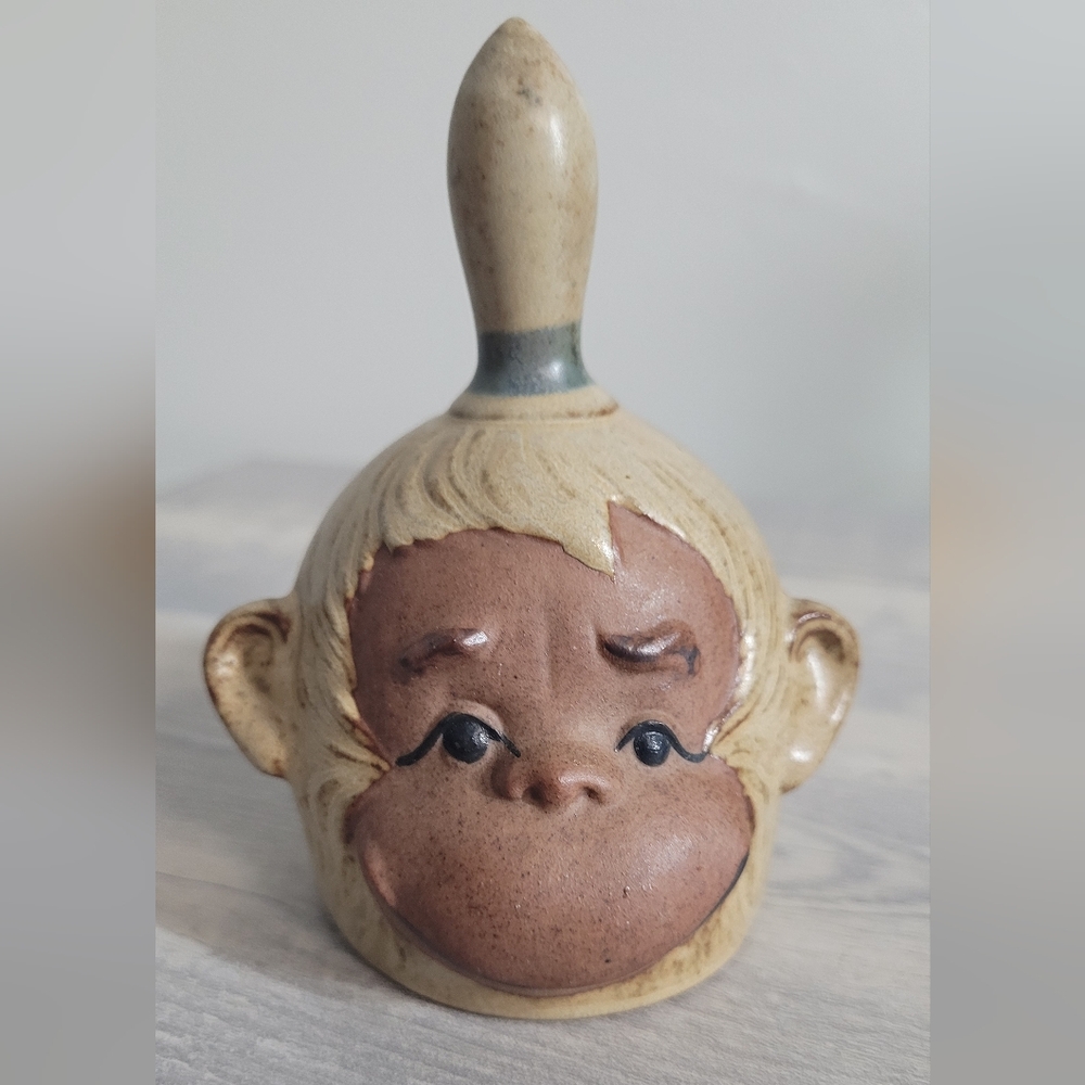 Japan 3-DMonkey Bonobo Chimpanzee Uctci Stoneware Animal Dinner Bell Pottery Vtg